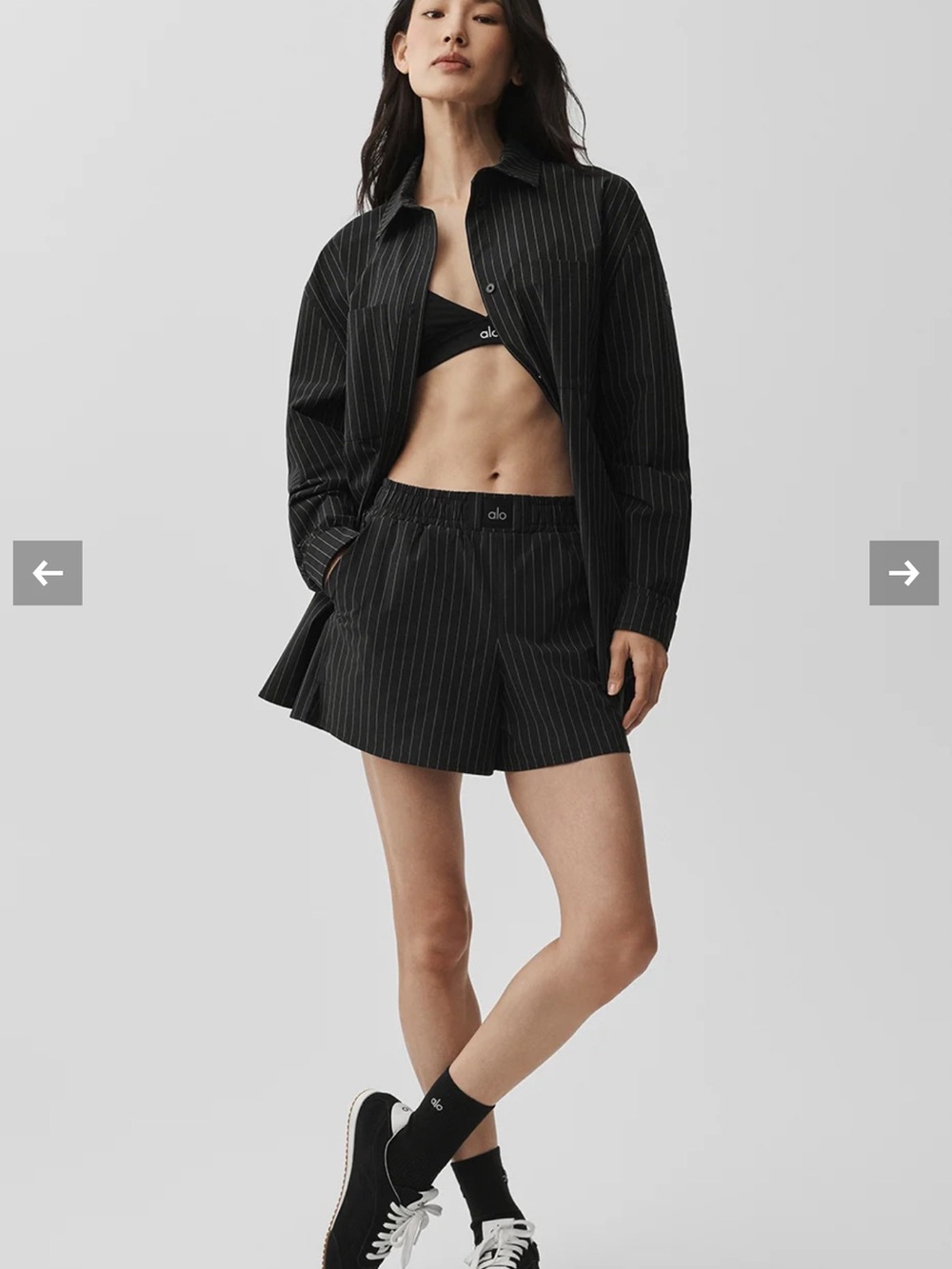 Alo Women’s Black Pinstripe Elastic-Waist Shorts and button down size M